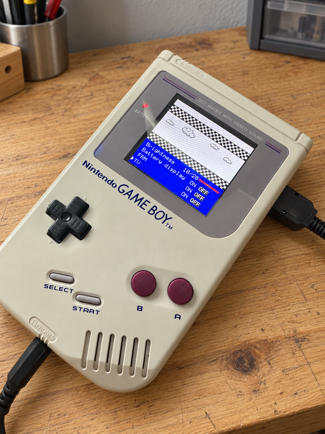 Building and testing the Game Boy mod. Modified Game Boy close-up.