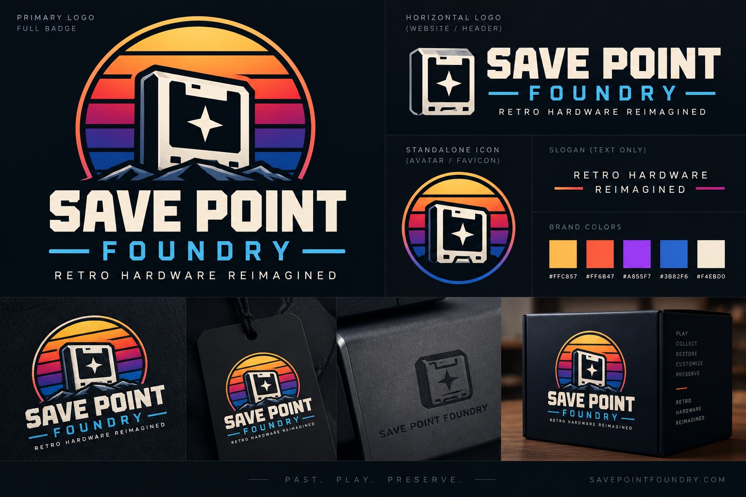 Save Point Foundry full badge: cream cartridge and star over yellow, orange, purple and blue sunset stripes.