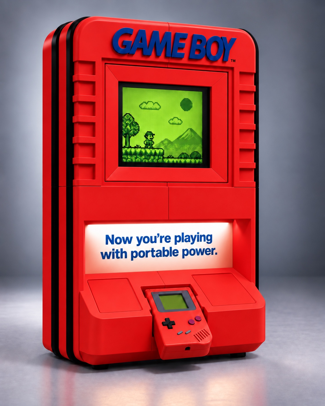 Radiant Red Game Boy-inspired kiosk